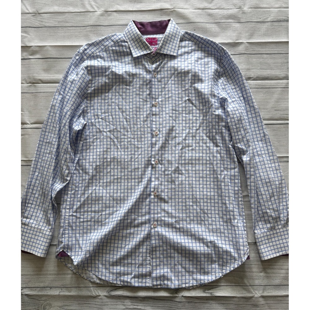 Michelsons London Windowpane Check Shirt Mens L White Blue Cotton Contrast Trim